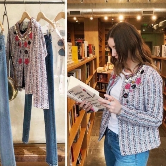 NEW Anthropologie Summer Love Suzy Embellished Beaded Pink Tweed Blazer Jacket - Picture 4 of 11